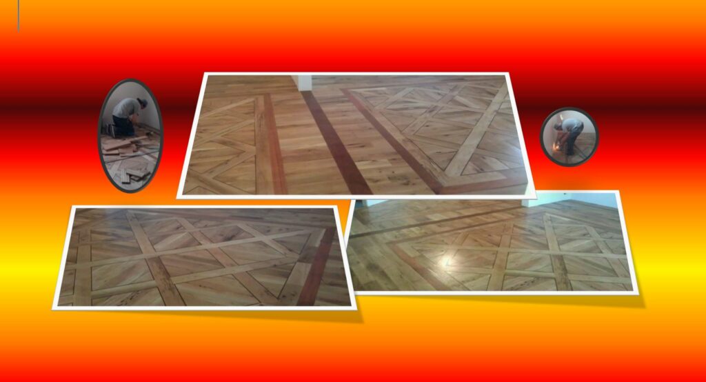 a rustic white oak solid wood floor of custom design with a Brazilian cherry border and large geometric pattern inlays in the center that are accented with thin strips of walnut, installed by Hardwood Floorist in a customer's dining and living rooms.
