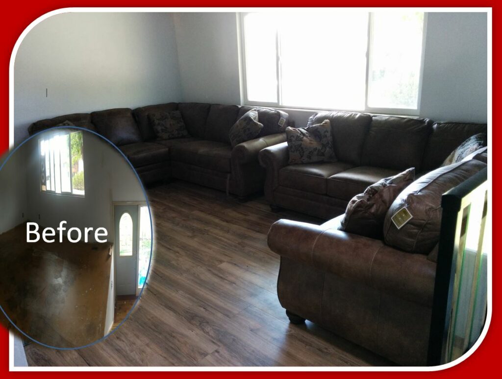 a Lake Shore Pecan colored Laminate Traditional Style Floor installed in a customer's living room. The room contains 2 large L-Shaped couches and there is a small "before" picture of that room. It's empty with its subfloor showing.