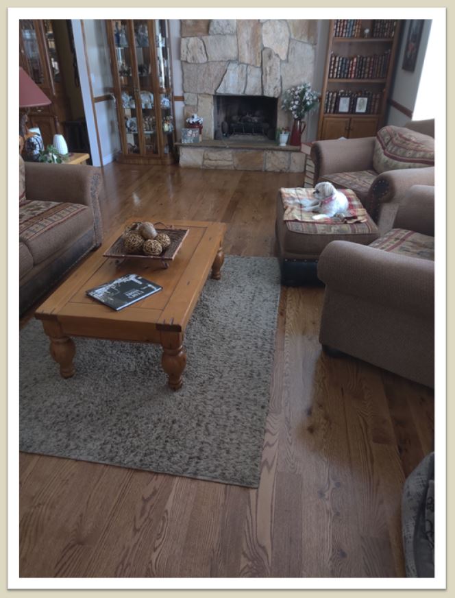 a solid white oak floor of traditional design with Early American Stain, installed by Hardwood Floorist in a customer's living room. The room has a fireplace and bookshelves and is furnished with large comfortable couches. The customer's cute Shih Tzu dog is lying on an ottoman.